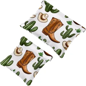 Small Pocket Cosmetic Bag, Squeeze Top Travel Makeup Bag for Purse, No Zipper Self-Closing Mini Makeup Pouch for Women Girls, Wild West Cactus and Cowboy Boots Pattern