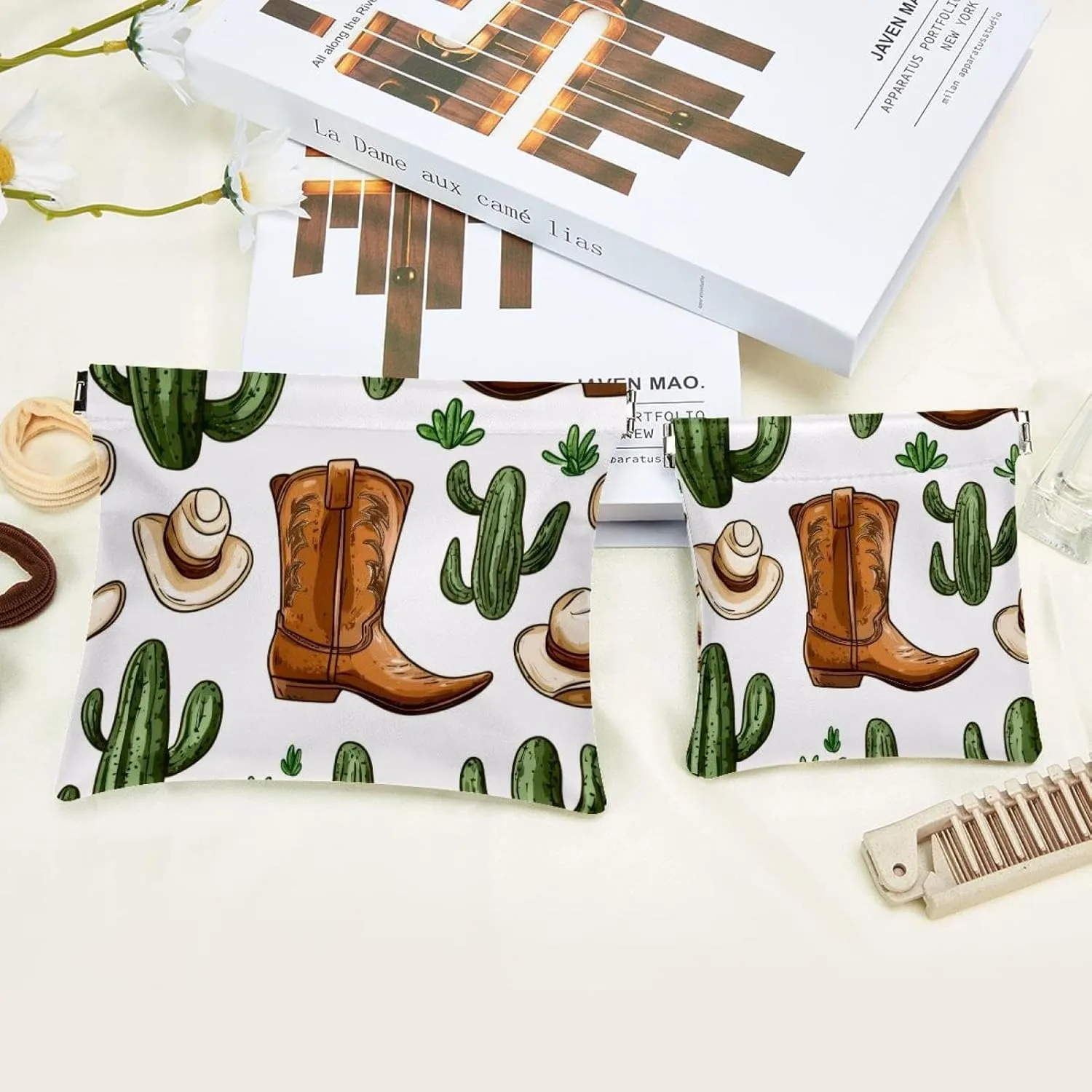 Small Pocket Cosmetic Bag, Squeeze Top Travel Makeup Bag for Purse, No Zipper Self-Closing Mini Makeup Pouch for Women Girls, Wild West Cactus and Cowboy Boots Pattern