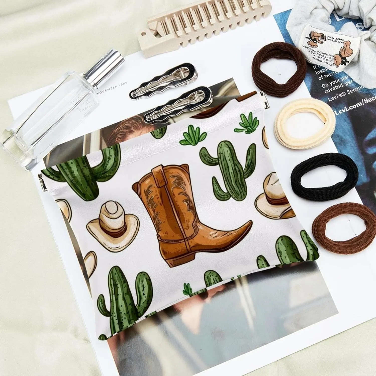 Small Pocket Cosmetic Bag, Squeeze Top Travel Makeup Bag for Purse, No Zipper Self-Closing Mini Makeup Pouch for Women Girls, Wild West Cactus and Cowboy Boots Pattern