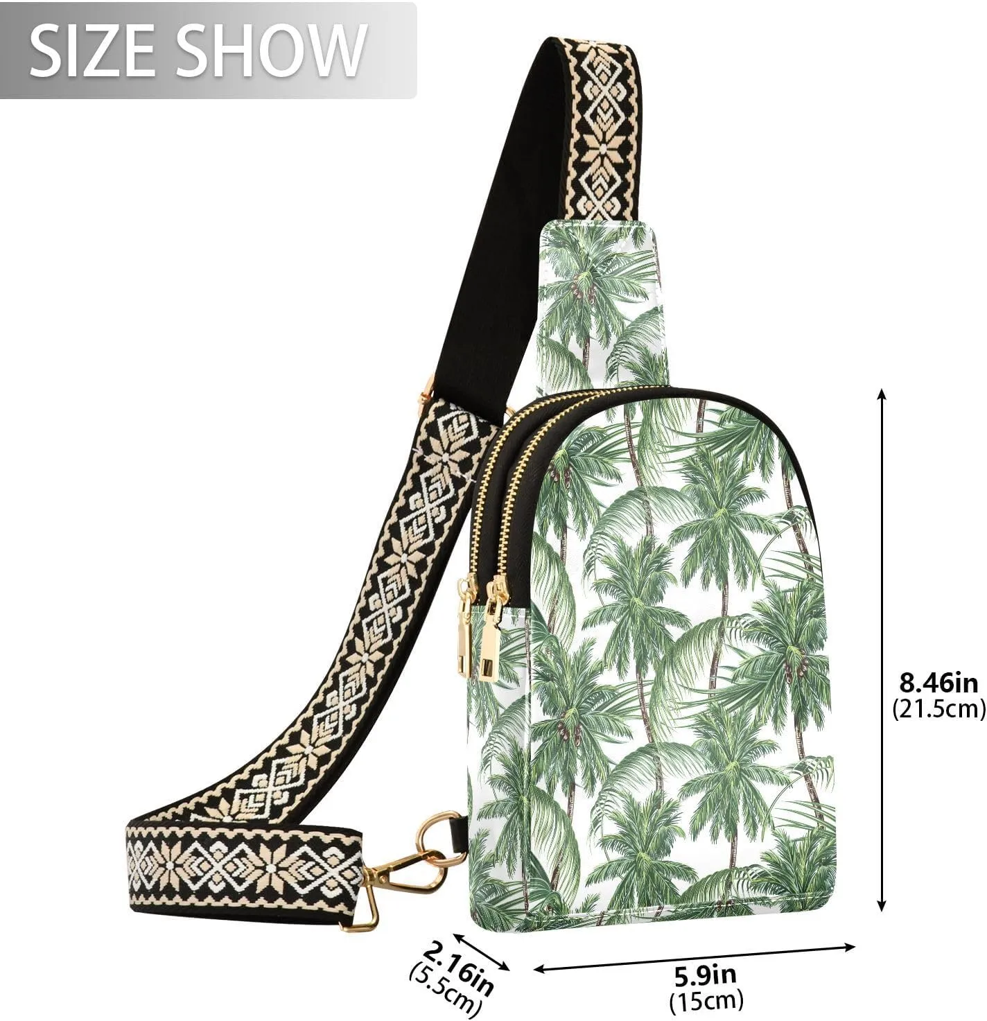 Small Sling Bag for Women Palm Tree Leather Fanny Pack Crossbody Bag Tropical Leaf Chest Bag Trendy Fashion Waist Packs for Outdoor Travel Sports Hiking