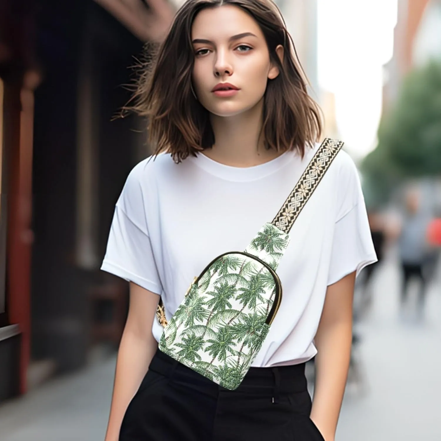 Small Sling Bag for Women Palm Tree Leather Fanny Pack Crossbody Bag Tropical Leaf Chest Bag Trendy Fashion Waist Packs for Outdoor Travel Sports Hiking