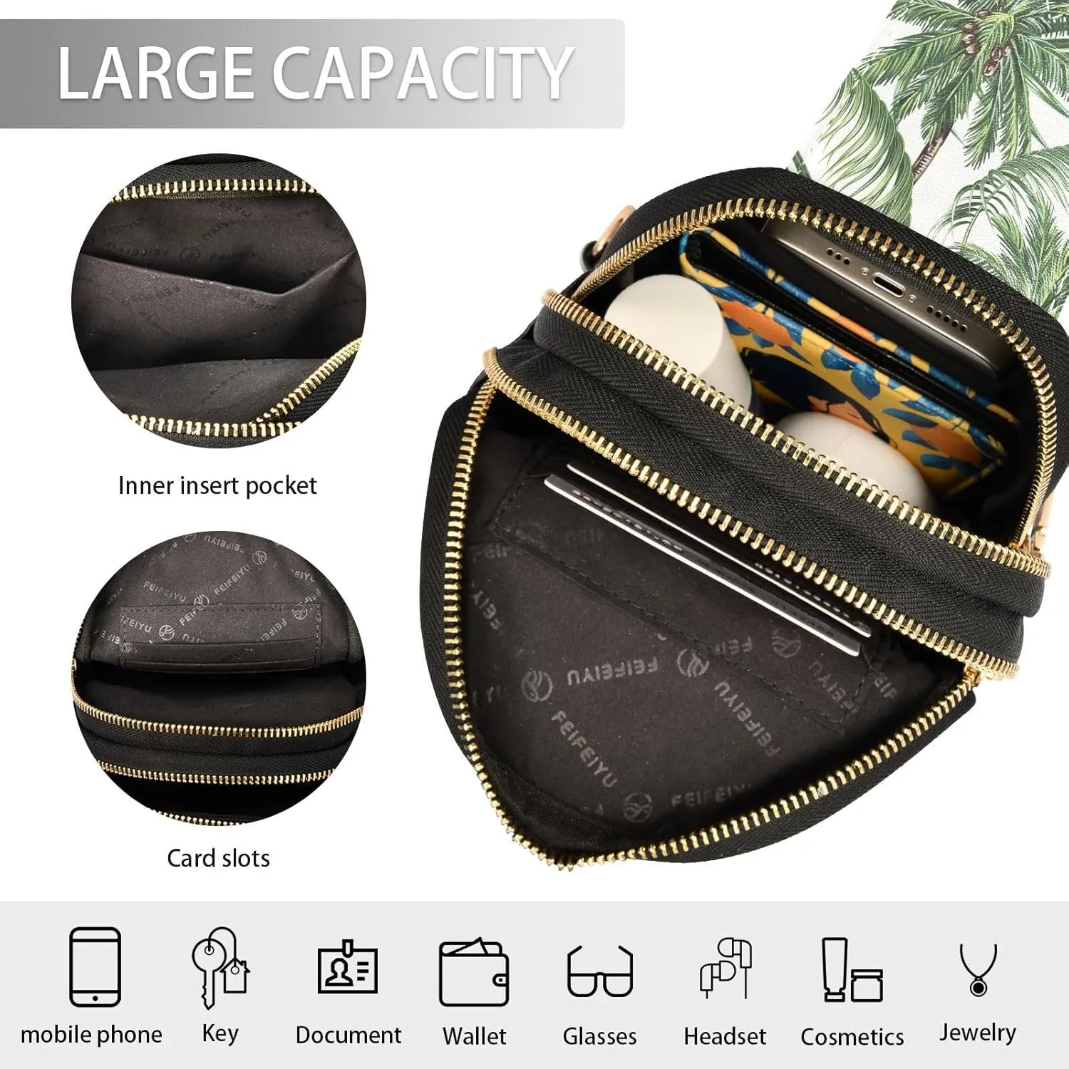Small Sling Bag for Women Palm Tree Leather Fanny Pack Crossbody Bag Tropical Leaf Chest Bag Trendy Fashion Waist Packs for Outdoor Travel Sports Hiking