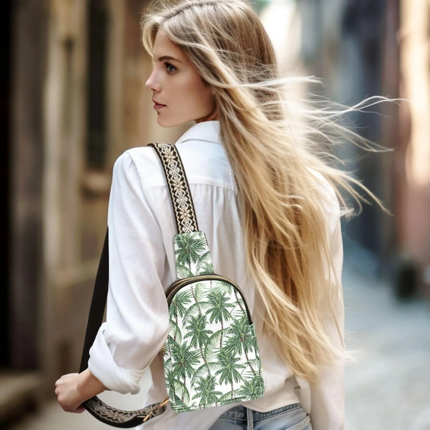 Small Sling Bag for Women Palm Tree Leather Fanny Pack Crossbody Bag Tropical Leaf Chest Bag Trendy Fashion Waist Packs for Outdoor Travel Sports Hiking