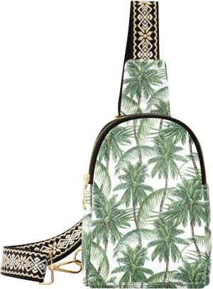 Small Sling Bag for Women Palm Tree Leather Fanny Pack Crossbody Bag Tropical Leaf Chest Bag Trendy Fashion Waist Packs for Outdoor Travel Sports Hiking