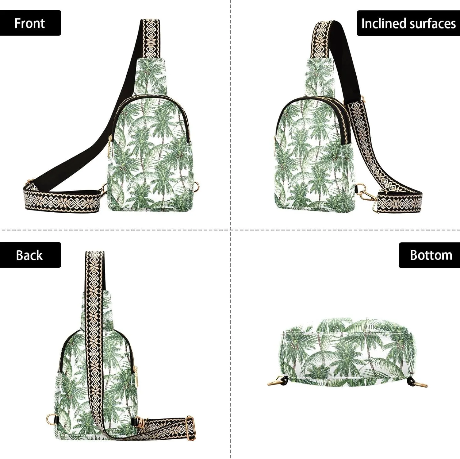 Small Sling Bag for Women Palm Tree Leather Fanny Pack Crossbody Bag Tropical Leaf Chest Bag Trendy Fashion Waist Packs for Outdoor Travel Sports Hiking