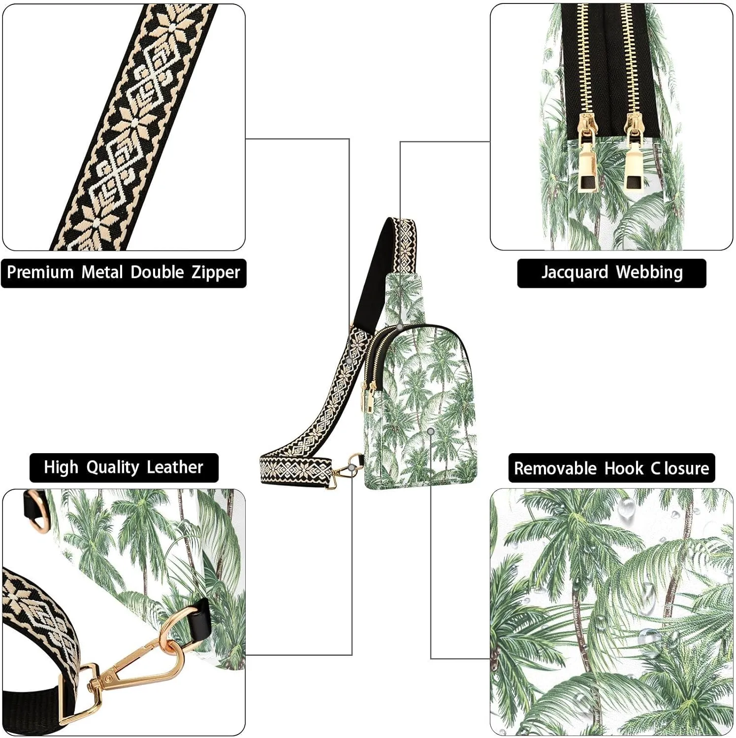 Small Sling Bag for Women Palm Tree Leather Fanny Pack Crossbody Bag Tropical Leaf Chest Bag Trendy Fashion Waist Packs for Outdoor Travel Sports Hiking