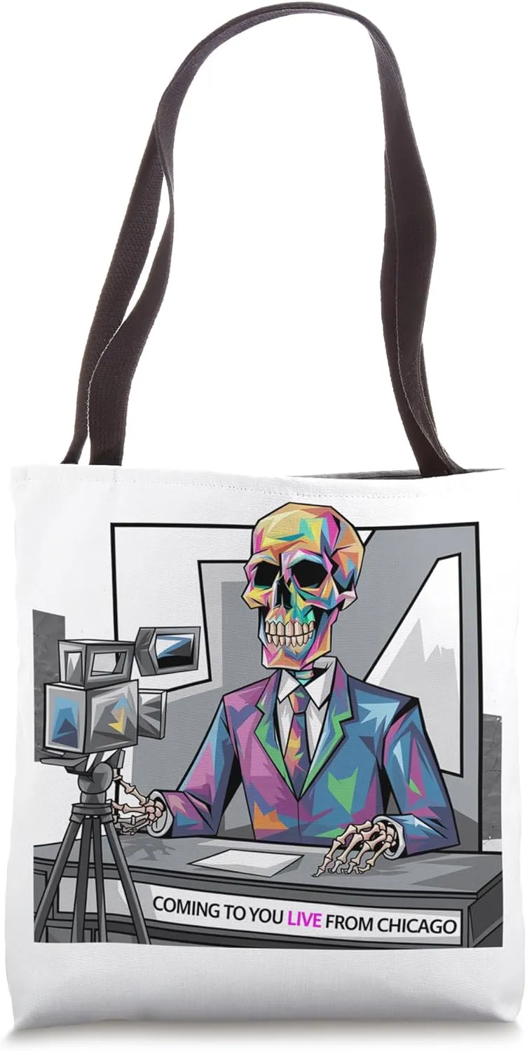 Smilefuntees Funny Skeleton Newscaster Appearing Live Satire Tote Bag