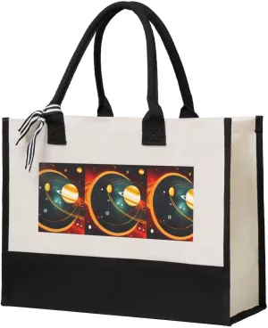 Solar System Jupiter Saturn print Canvas splicing present tote bag, beach handbag, grocery bag, travel work shopping bag
