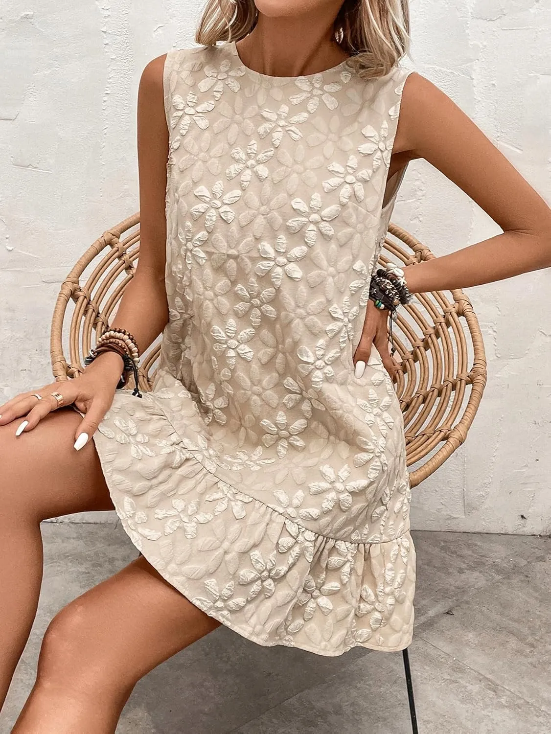 SOLY HUX Women's Ruffle Hem Sleeveless Tank Dress Round Neck Casual Jacquard Hem Smock Summer Mini Dresses