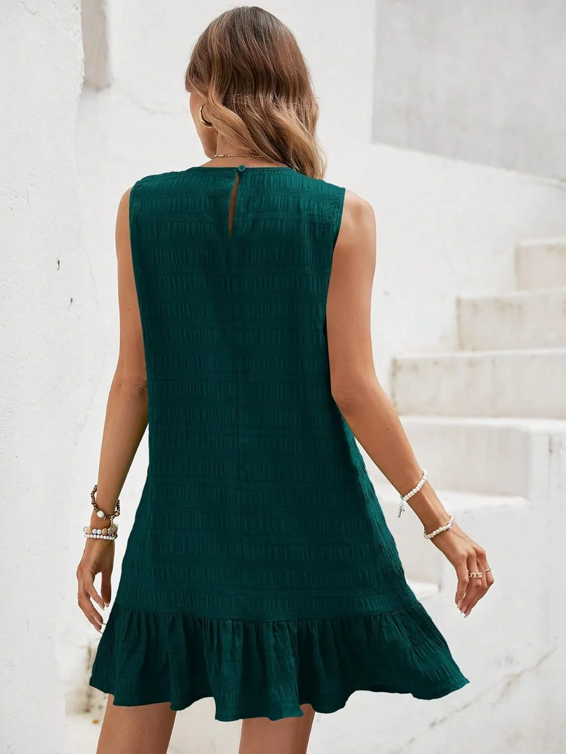 SOLY HUX Women's Ruffle Hem Sleeveless Tank Dress Round Neck Casual Smock Summer Mini Dresses