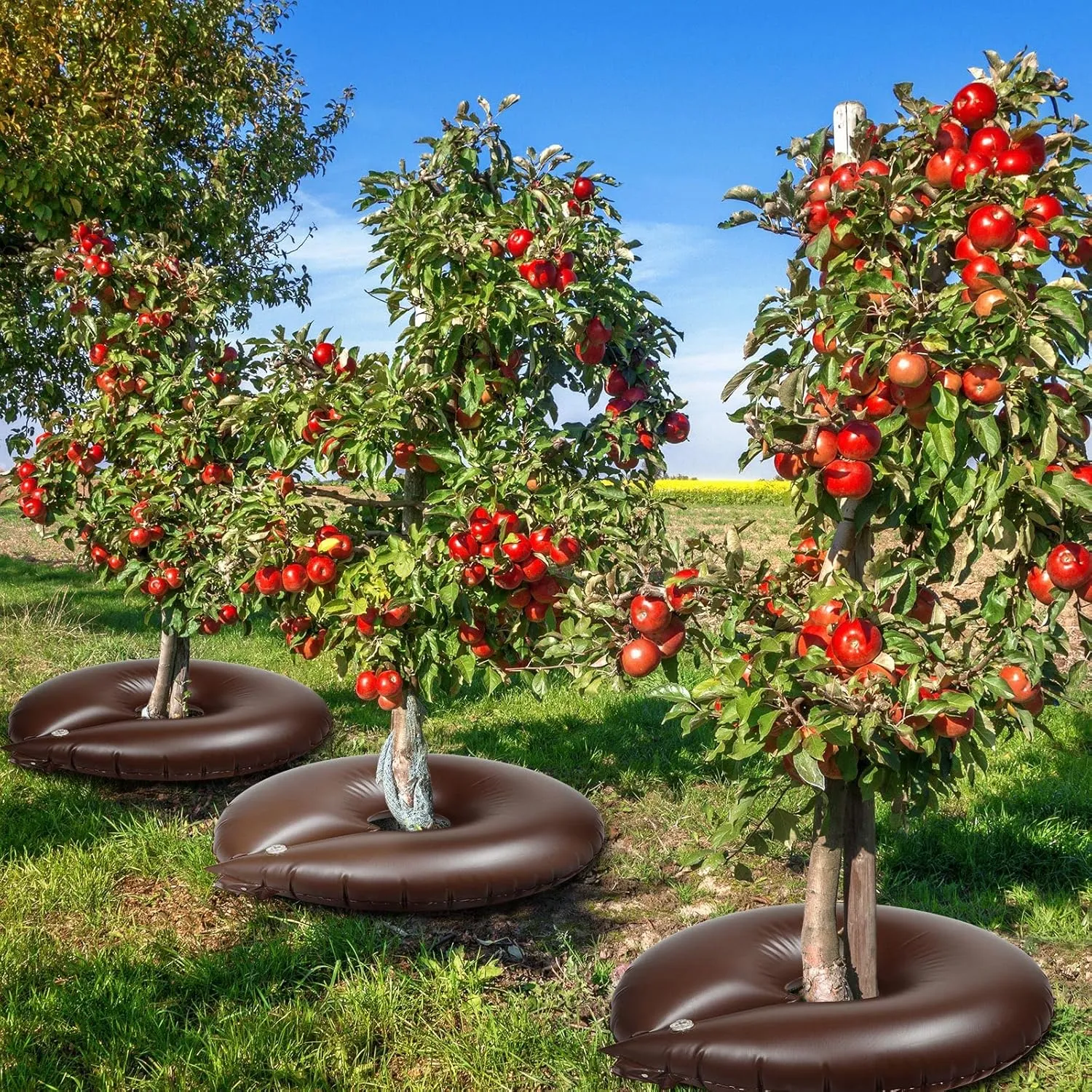 Spakon 8 Pack Tree Watering Ring Tree Bag PVC Drip Irrigation Water Pouch Round Watering Bags Automatic Drip System Planting Gardening Trees Shrubs, Brown (10 Gallon)