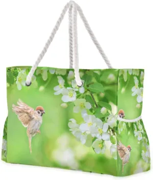 Sparrows and Apple-blossom Beach Bags for Women Ladies Large Canvas Tote Shoulder Bag Waterproof Travel Bags for Gym Swim Pool Camping