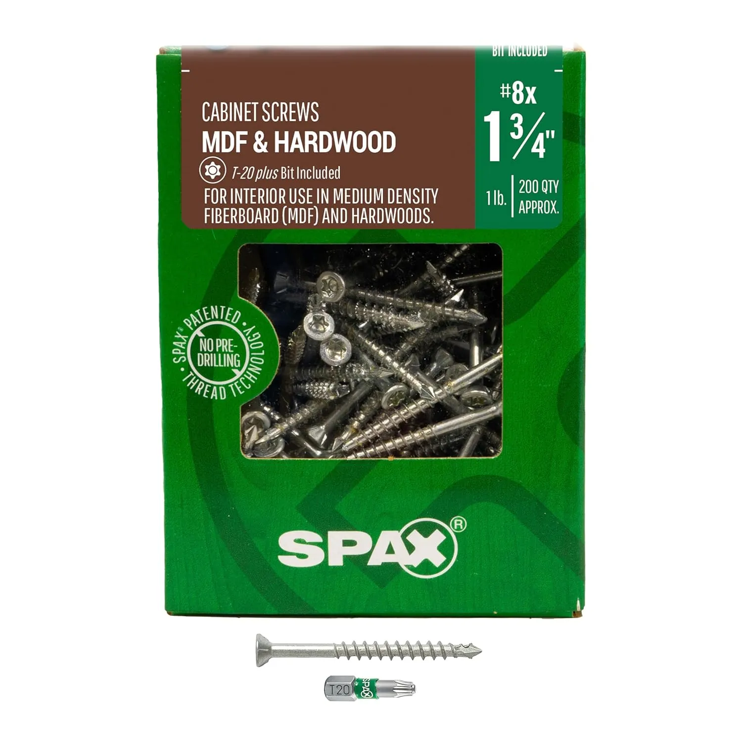 SPAX #8 x 1-3/4" Interior Trim Head Cabinet Wood Screws Torx T-Star Plus (Pack of 5/1000 Total /200 EA Pack) Bit Included MDF Hardwood Flush Finish