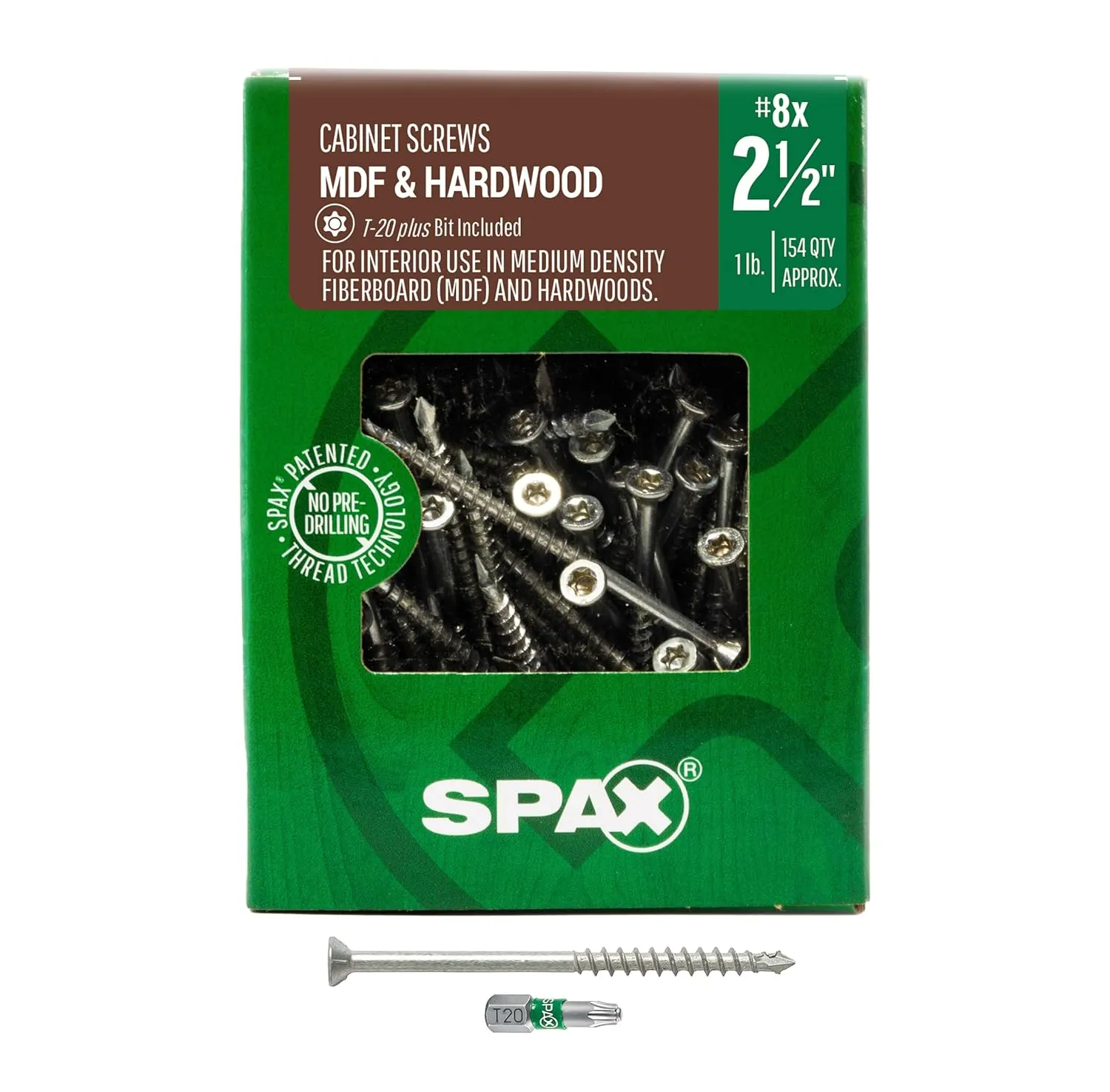 SPAX #8 x 2-1/2" Interior Trim Head Cabinet Wood Screws Torx T-Star Plus (Pack of 5/770 Total /154 EA Pack) Bit Included MDF Hardwood Flush Finish