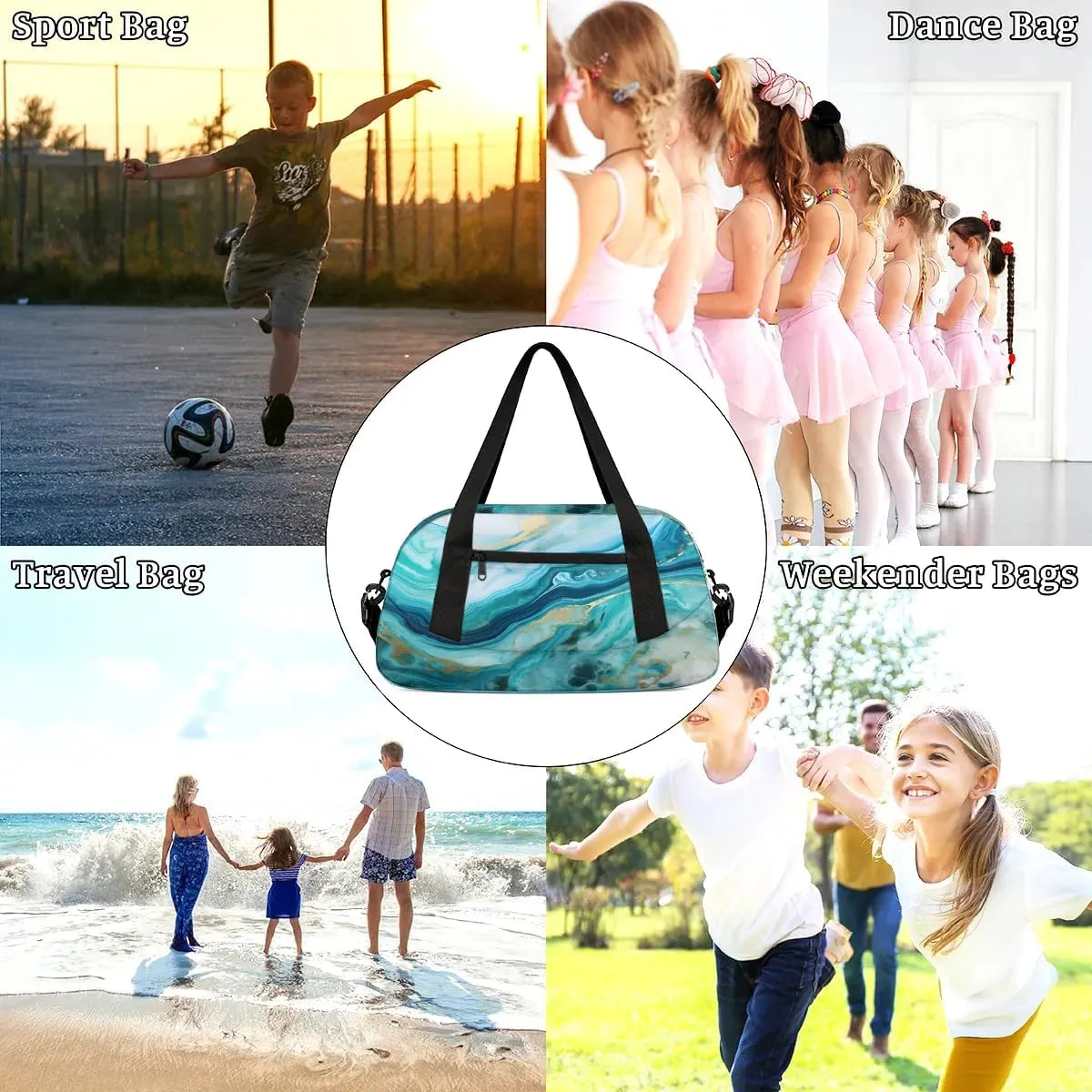 Sport Duffel Bag Blue Marble Pattern Kids Gym Bag Weekender Overnight Bags for Boys Girls Teens Carry On Workout Travel Bag