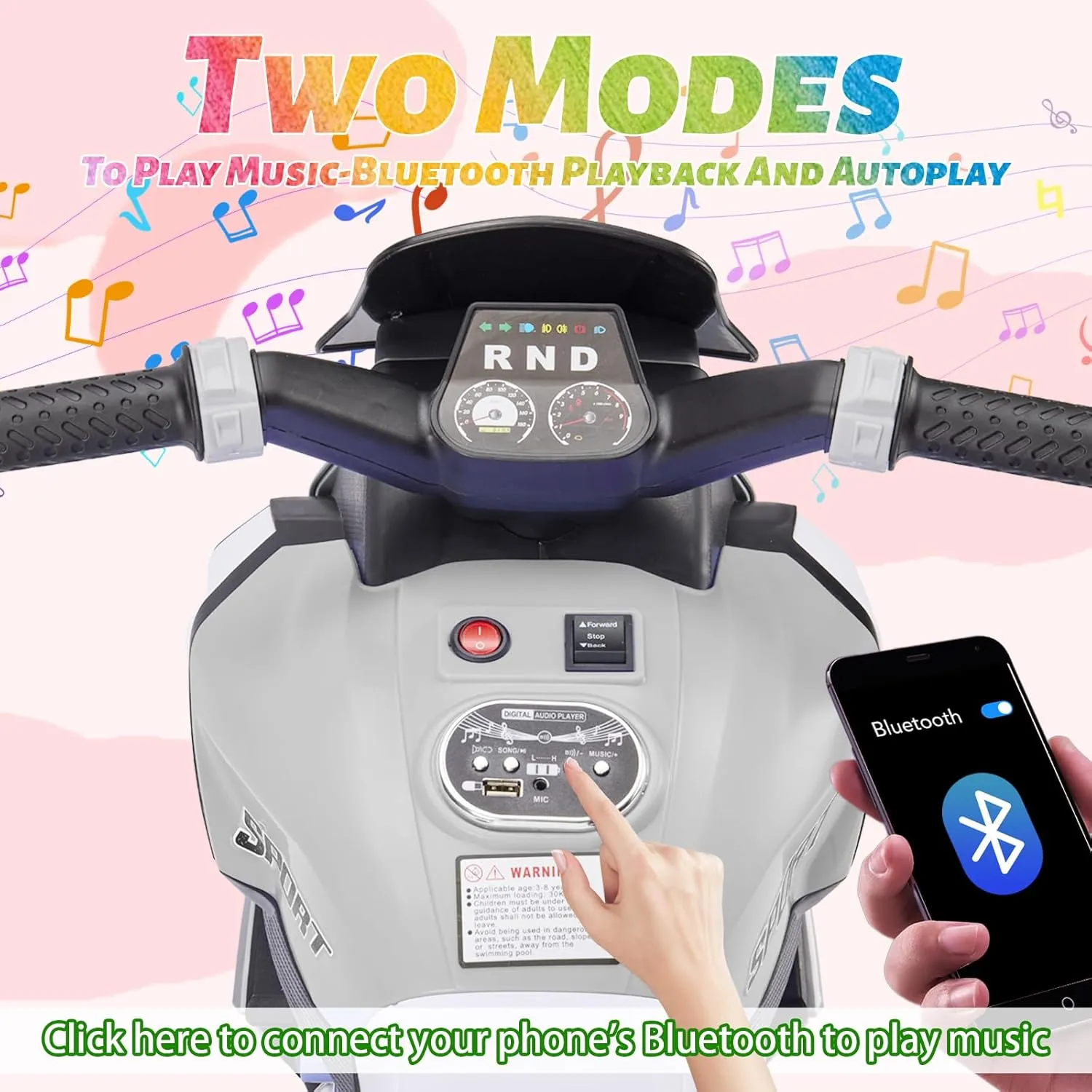 Sportpulse 3 Wheels Kids Electric Ride on Motorcycle,6V Power Wheels Motor with Bluetooth Music,Foot Pedal,Headlight, Leather Seat Cushion
