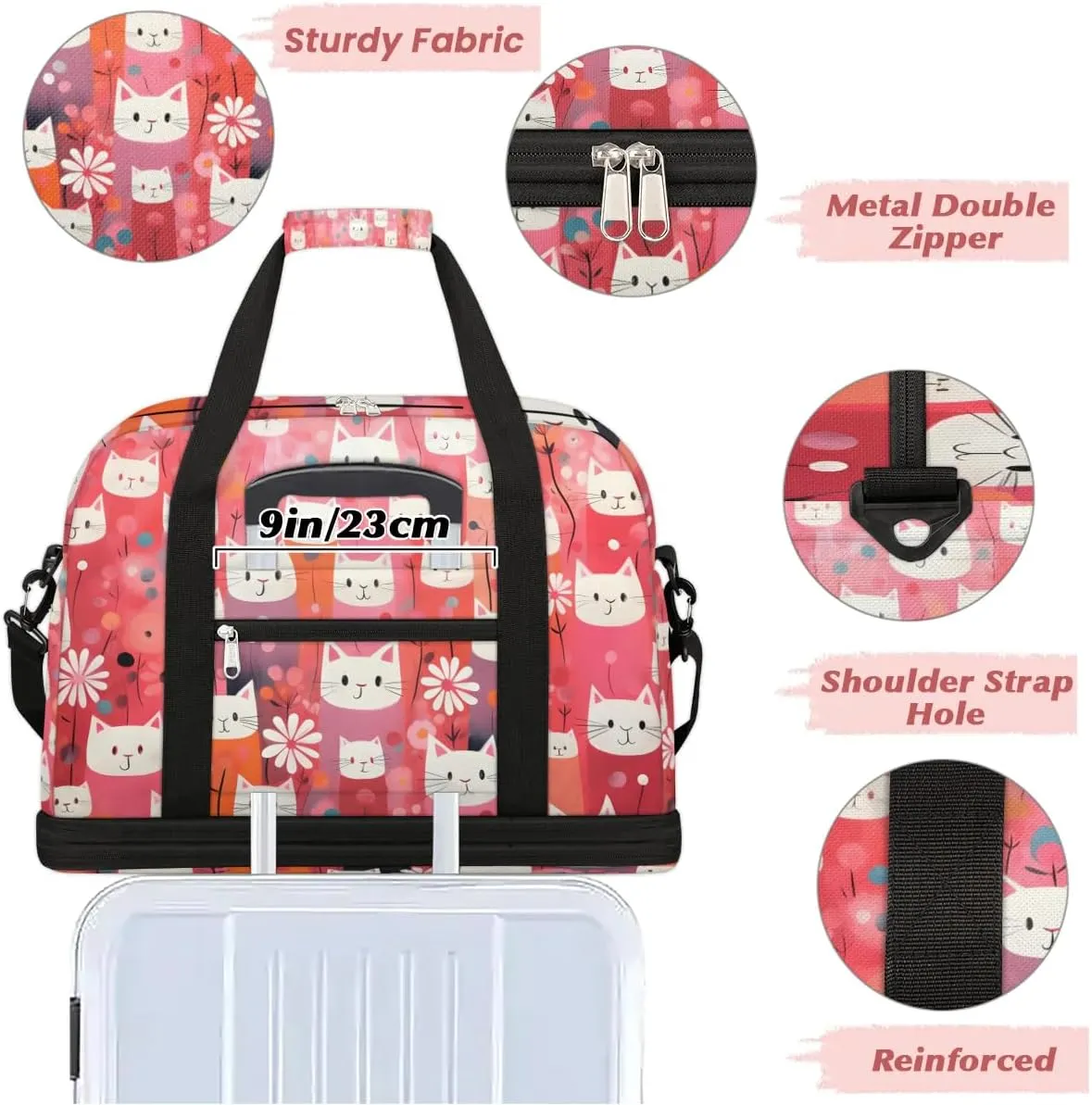 Sports Duffel Bag, Foldable Cute Cats Print Travel Duffel Bag, Gym Yoga Beach Bag Weekender Overnight Bag with Shoes Compartment for Men Women, Funny Cat