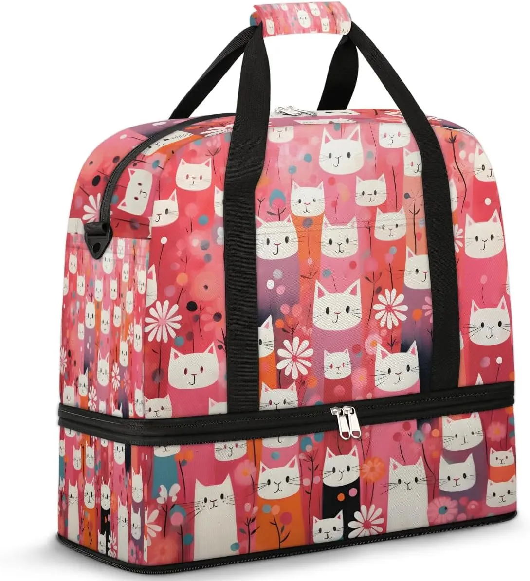Sports Duffel Bag, Foldable Cute Cats Print Travel Duffel Bag, Gym Yoga Beach Bag Weekender Overnight Bag with Shoes Compartment for Men Women, Funny Cat