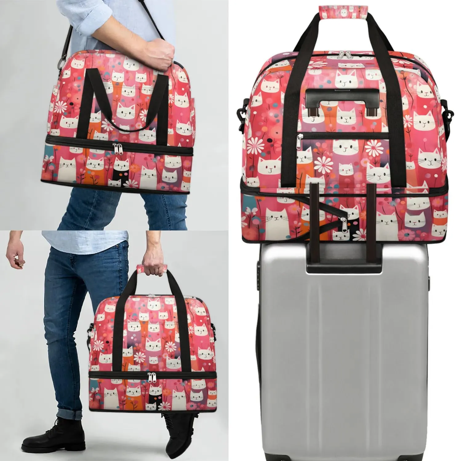Sports Duffel Bag, Foldable Cute Cats Print Travel Duffel Bag, Gym Yoga Beach Bag Weekender Overnight Bag with Shoes Compartment for Men Women, Funny Cat