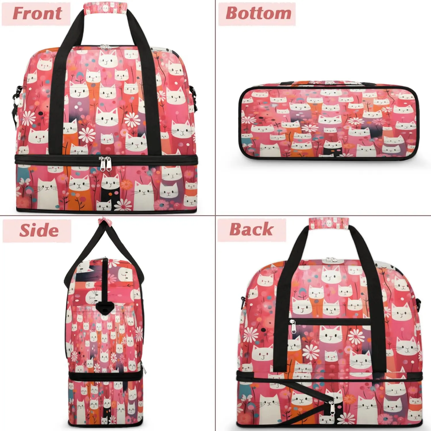 Sports Duffel Bag, Foldable Cute Cats Print Travel Duffel Bag, Gym Yoga Beach Bag Weekender Overnight Bag with Shoes Compartment for Men Women, Funny Cat