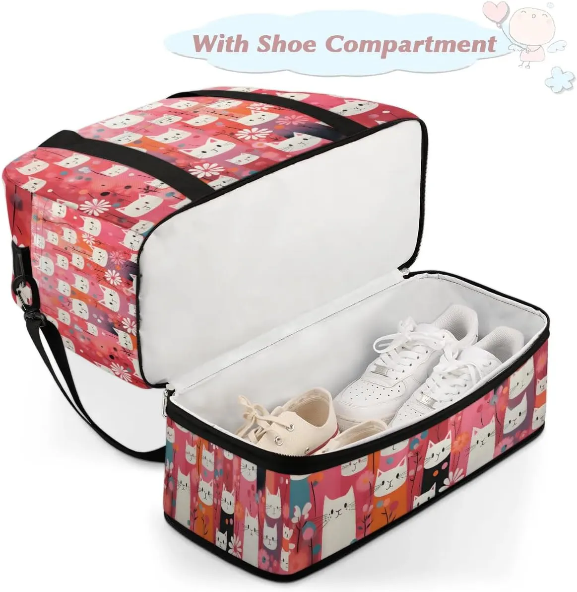 Sports Duffel Bag, Foldable Cute Cats Print Travel Duffel Bag, Gym Yoga Beach Bag Weekender Overnight Bag with Shoes Compartment for Men Women, Funny Cat