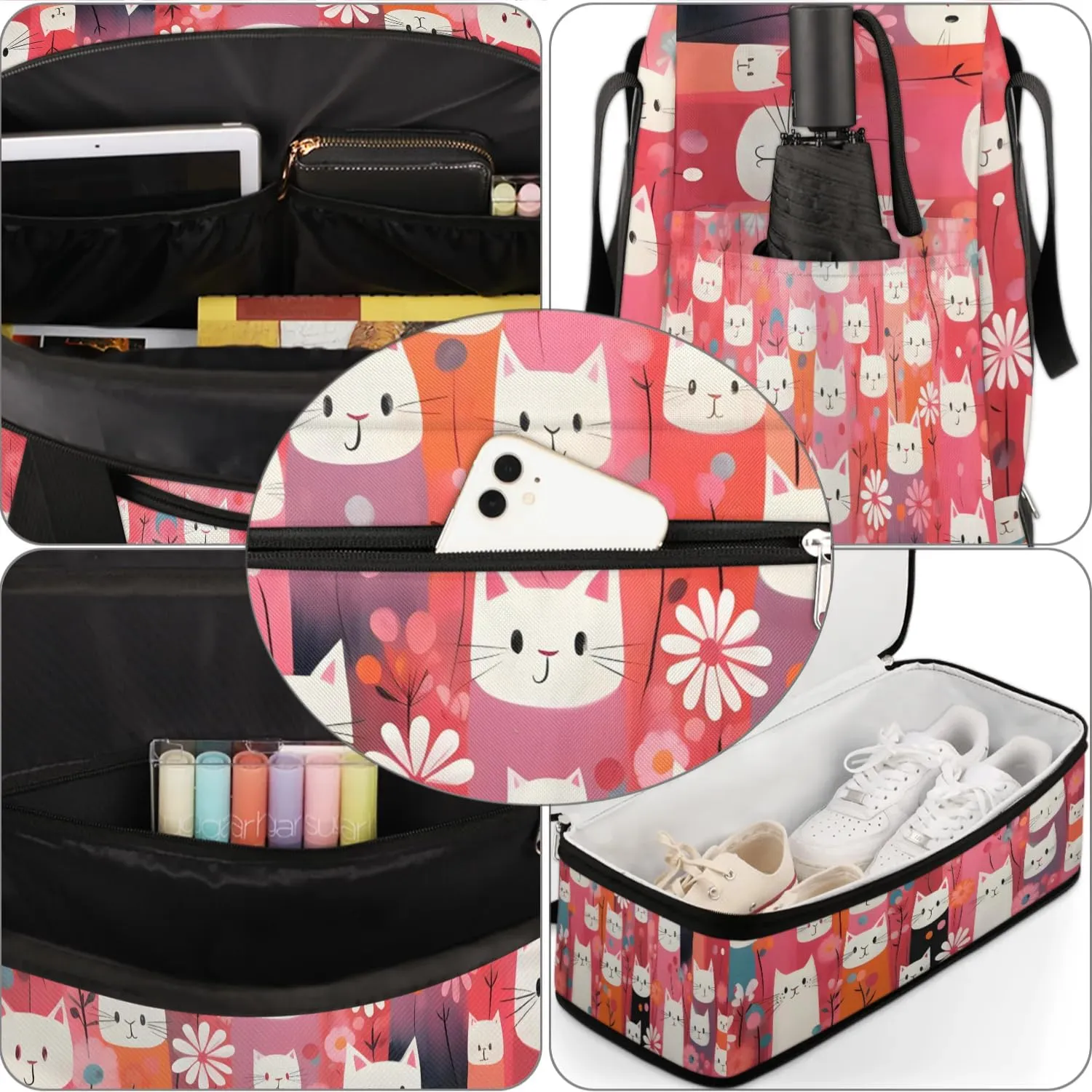 Sports Duffel Bag, Foldable Cute Cats Print Travel Duffel Bag, Gym Yoga Beach Bag Weekender Overnight Bag with Shoes Compartment for Men Women, Funny Cat