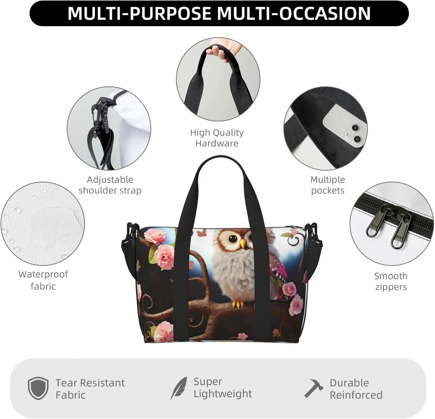 Sports Gym Bag for Women Men Travel Duffel Bag Tote Weekender Bag Carry on Overnight Bag for Travel Swimming Fitness Workout Sports Cute Owl Tree Flowers and Squirrel Duffle Bag