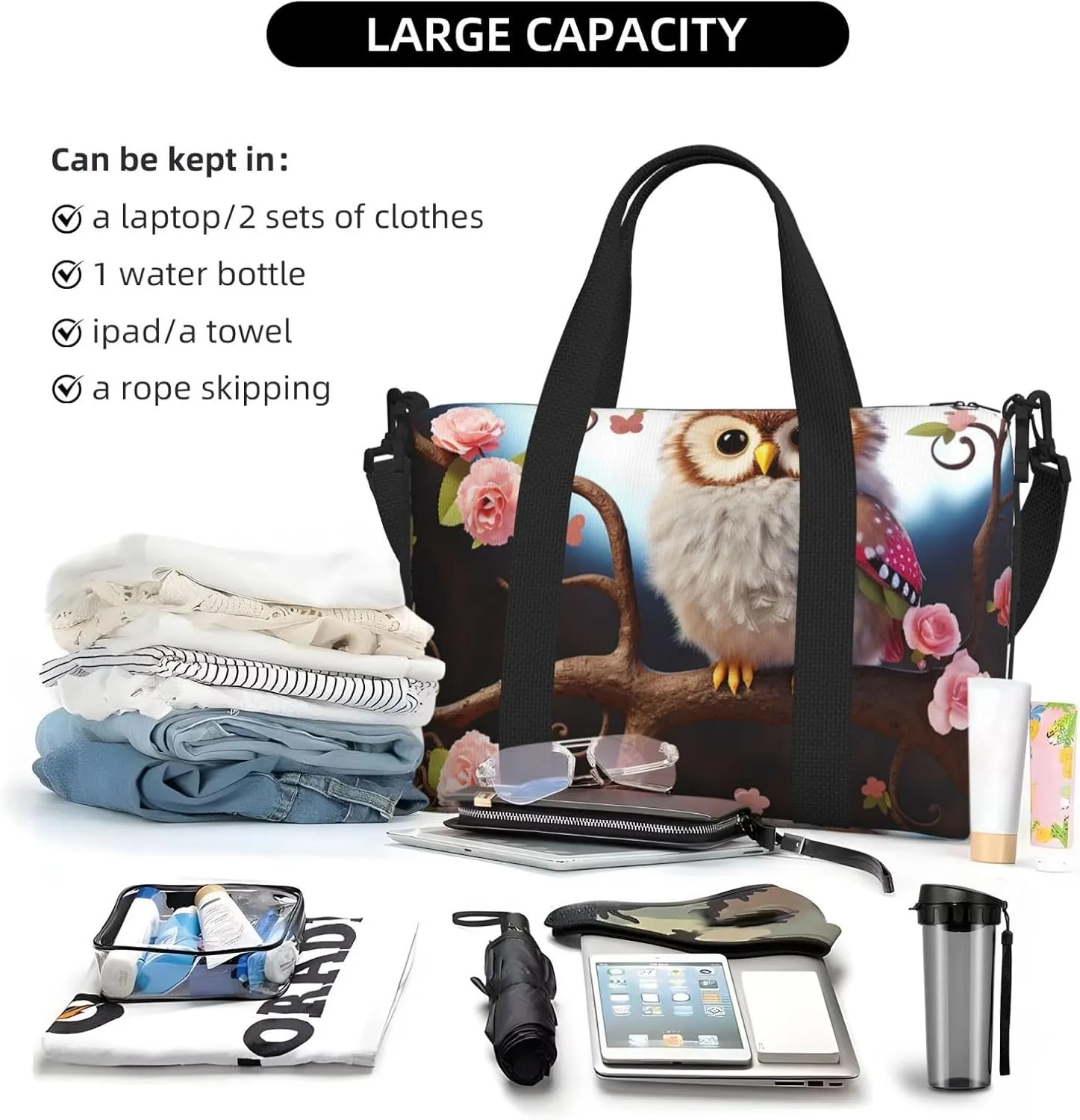 Sports Gym Bag for Women Men Travel Duffel Bag Tote Weekender Bag Carry on Overnight Bag for Travel Swimming Fitness Workout Sports Cute Owl Tree Flowers and Squirrel Duffle Bag