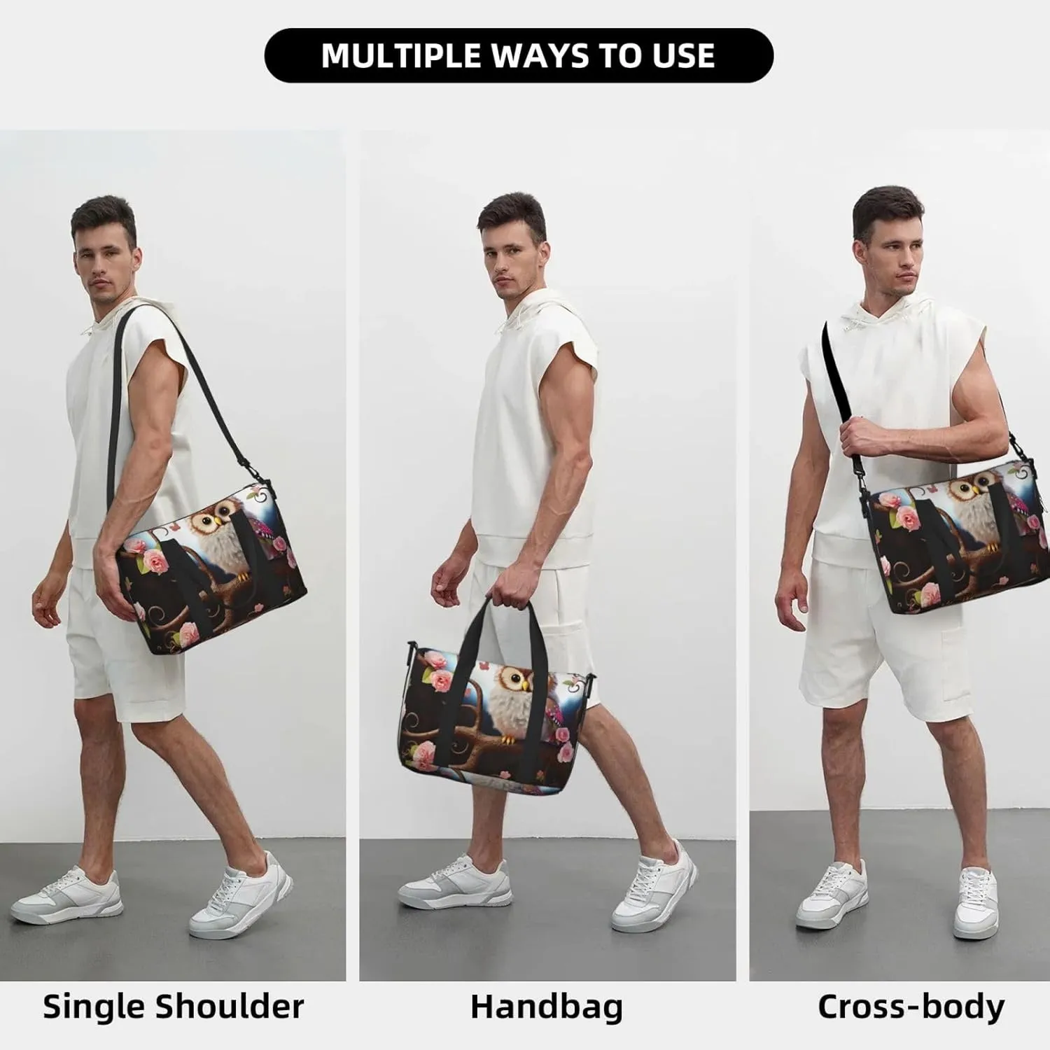 Sports Gym Bag for Women Men Travel Duffel Bag Tote Weekender Bag Carry on Overnight Bag for Travel Swimming Fitness Workout Sports Cute Owl Tree Flowers and Squirrel Duffle Bag