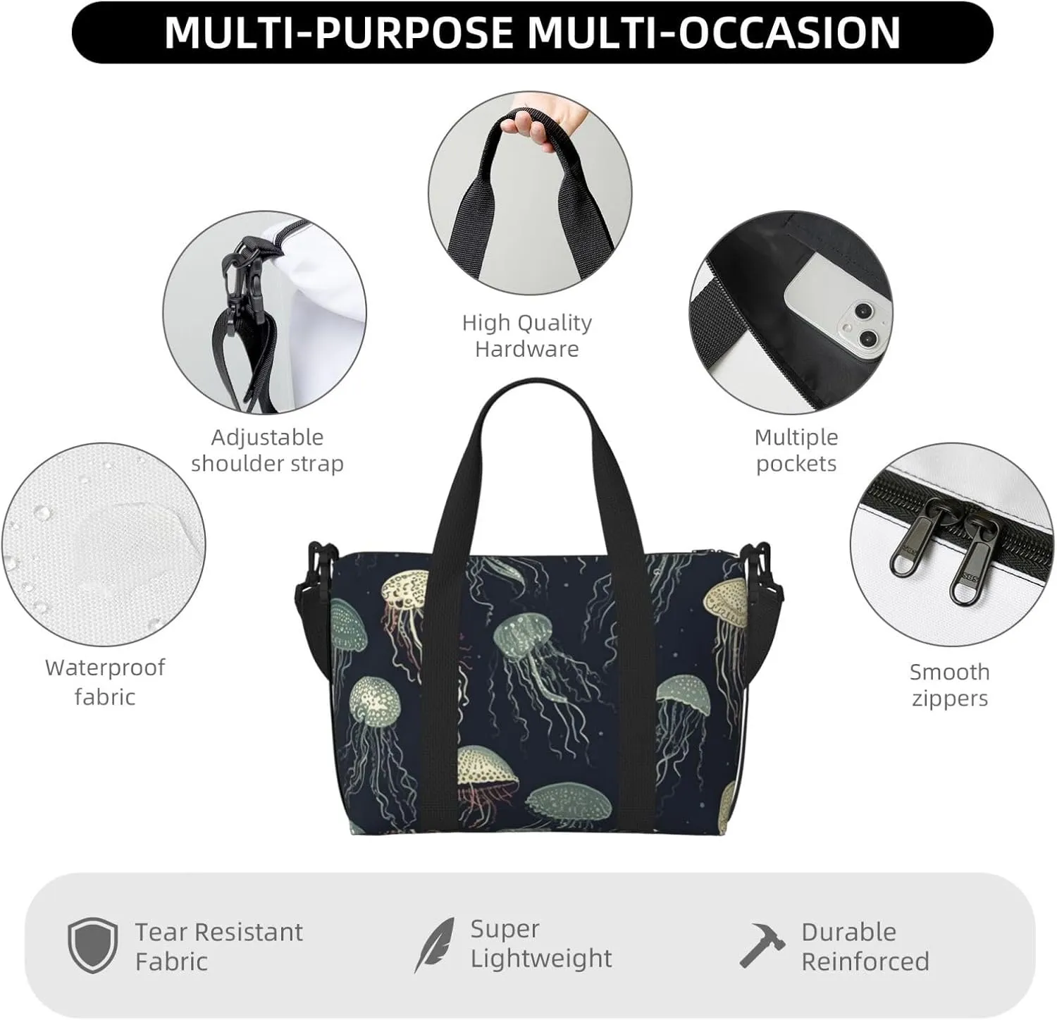 Sports Gym Bag for Women Men Travel Duffel Bag Tote Weekender Bag Carry on Overnight Bag for Travel Swimming Fitness Workout Sports Jellyfish Pattern Duffle Bag