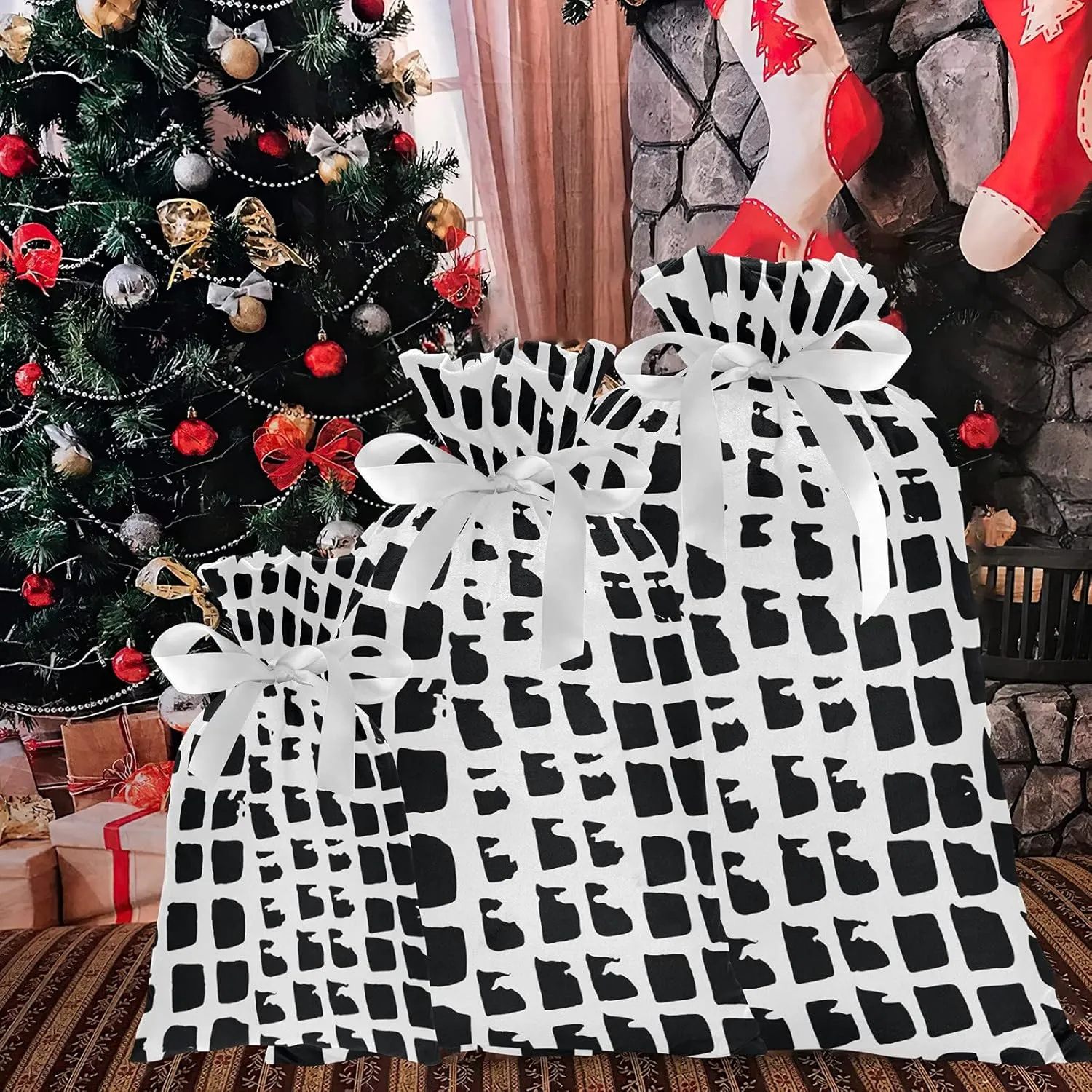 Squares Lizard Skin 3 Pack Christmas Gift Bags, Drawstring Xmas Bag, Gift Wrapper Bag for Holiday and Parties