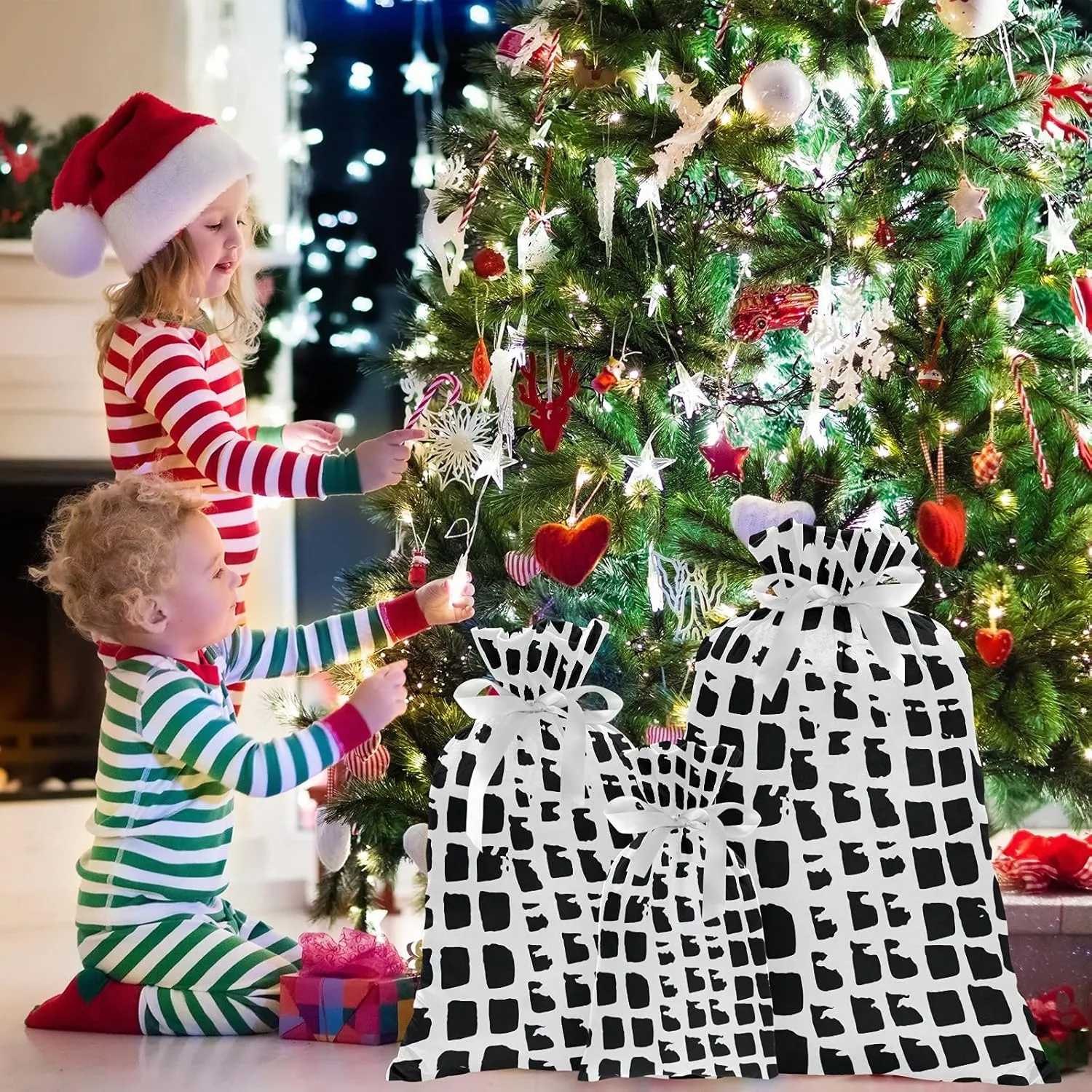 Squares Lizard Skin 3 Pack Christmas Gift Bags, Drawstring Xmas Bag, Gift Wrapper Bag for Holiday and Parties