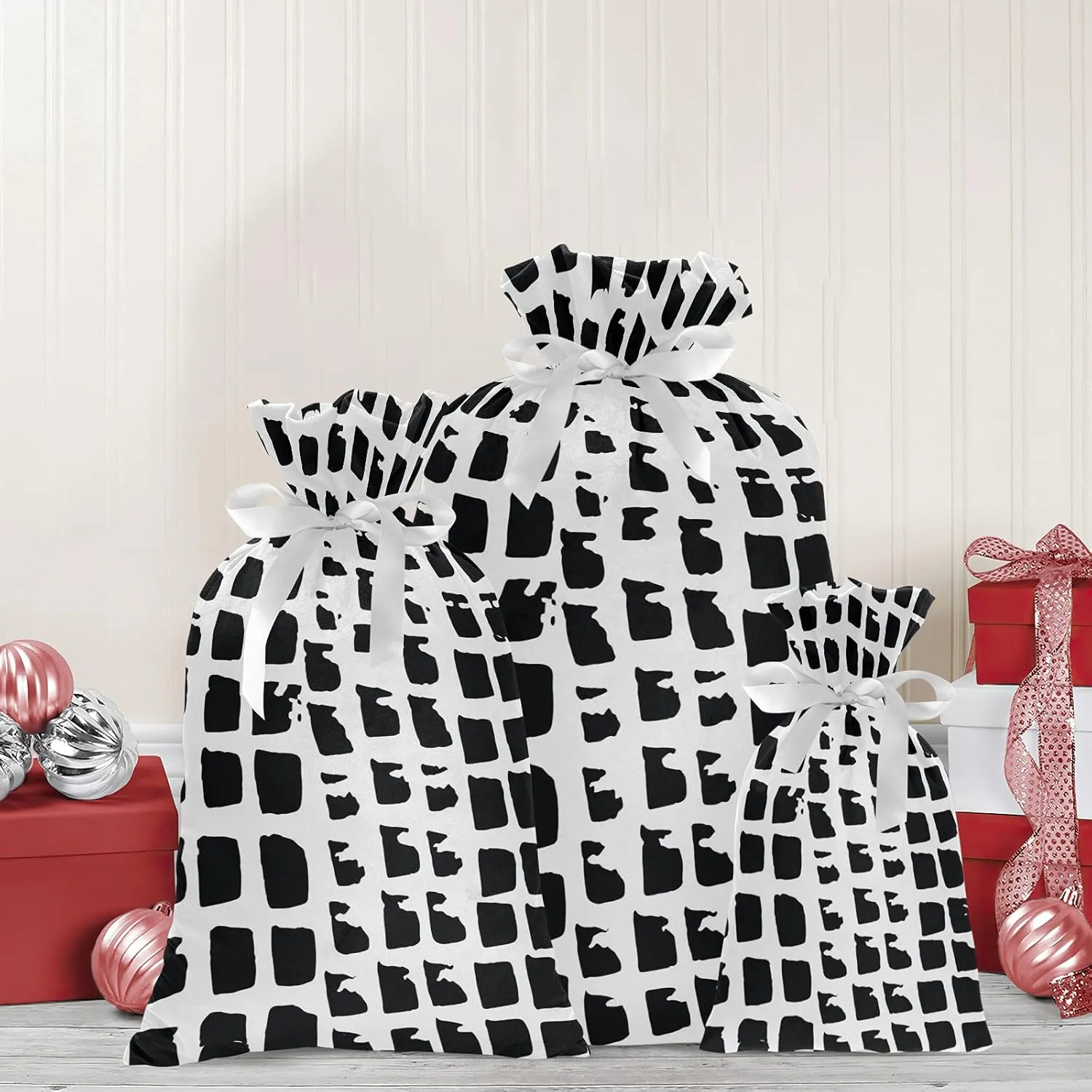 Squares Lizard Skin 3 Pack Christmas Gift Bags, Drawstring Xmas Bag, Gift Wrapper Bag for Holiday and Parties
