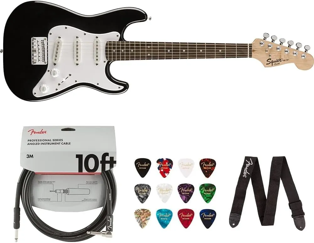 Squier Mini Stratocaster Electric Guitar (Indian Laurel Fingerboard, Black) Bundle with Fender 10ft Cable (Straight/Straight), Fender Guitar 12-Pack Picks, and Fender 2" Guitar Straps