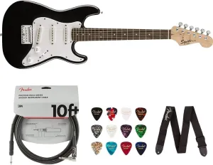 Squier Mini Stratocaster Electric Guitar (Indian Laurel Fingerboard, Black) Bundle with Fender 10ft Cable (Straight/Straight), Fender Guitar 12-Pack Picks, and Fender 2" Guitar Straps