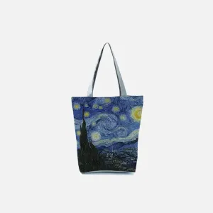 Starry Night Canvas Tote Bag with Unique Cartoon-Style Print