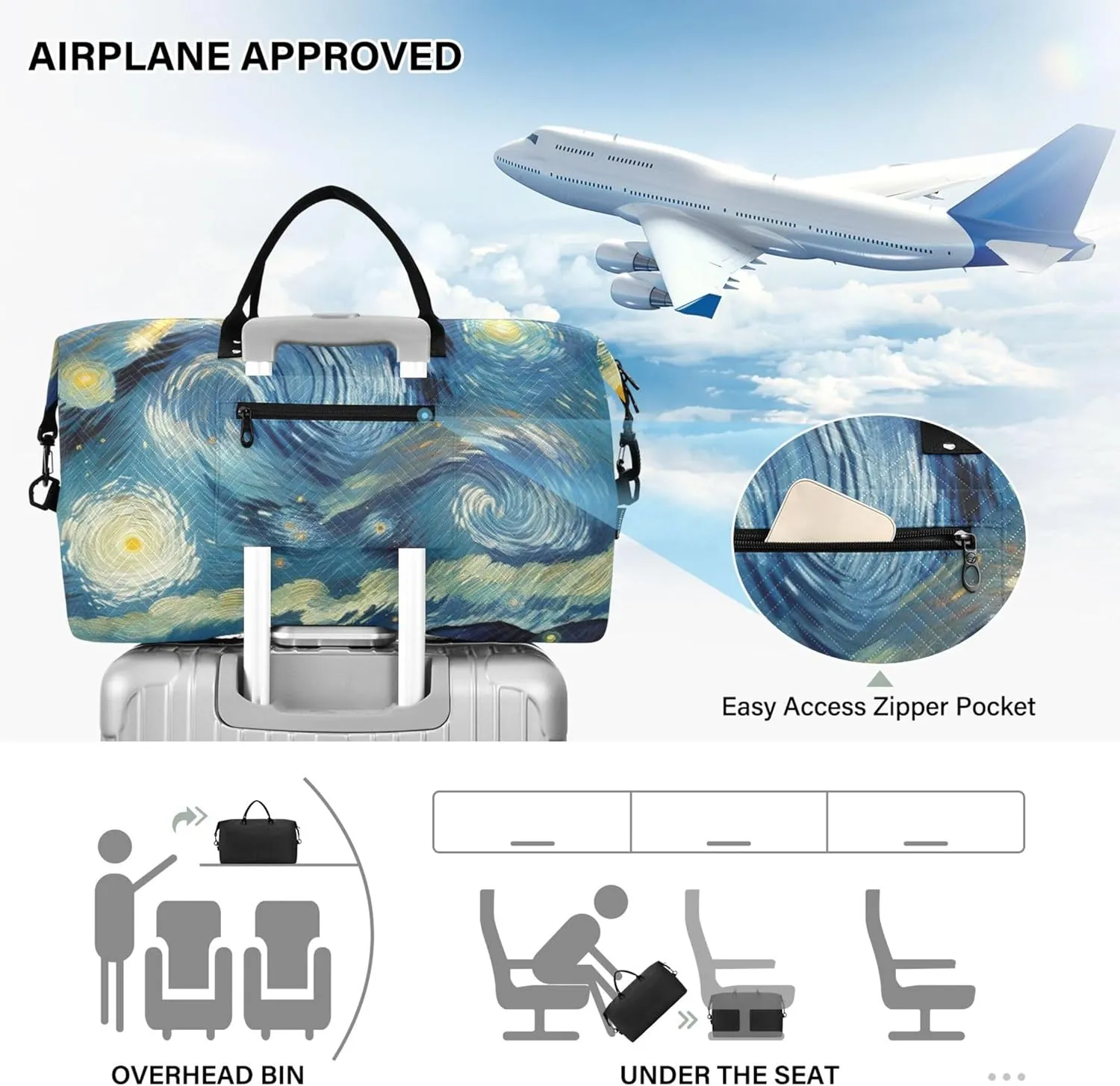Starry Night Meteor Rain Duffle Bag for Travel Make up Bags Set of 2, Print Gym Duffle Bag Carry on Duffel Bag