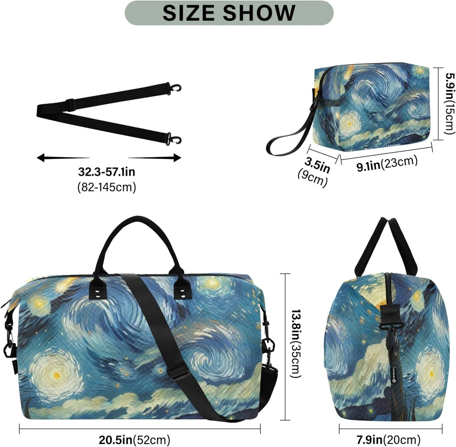 Starry Night Meteor Rain Duffle Bag for Travel Make up Bags Set of 2, Print Gym Duffle Bag Carry on Duffel Bag