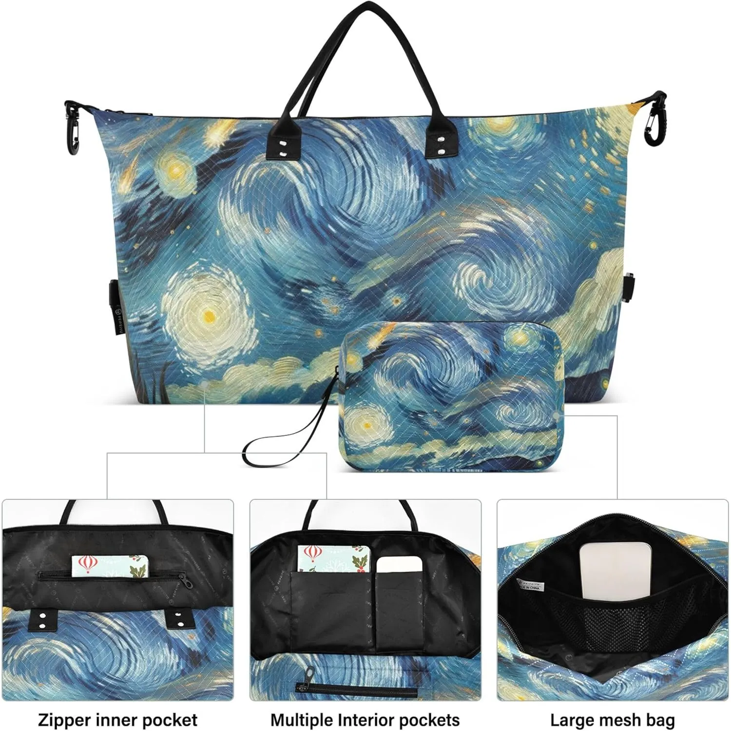 Starry Night Meteor Rain Duffle Bag for Travel Make up Bags Set of 2, Print Gym Duffle Bag Carry on Duffel Bag