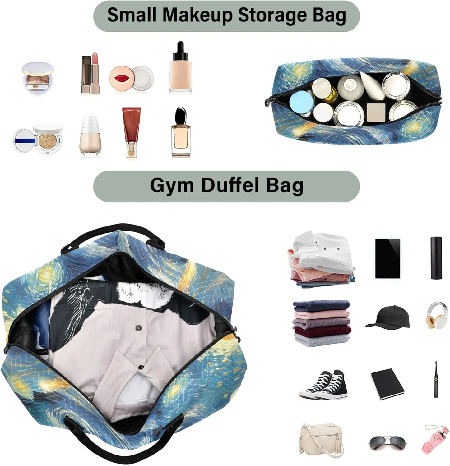 Starry Night Meteor Rain Duffle Bag for Travel Make up Bags Set of 2, Print Gym Duffle Bag Carry on Duffel Bag