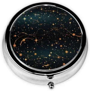 Stars and Constellations Pattern Pill Box Round Pill Case for Pocket Purse 3 Compartment Medicine Pill Organizer Cute Portable Travel Pillbox Vitamin Cod Liver Oil Storage Box Unique Gift Organizer