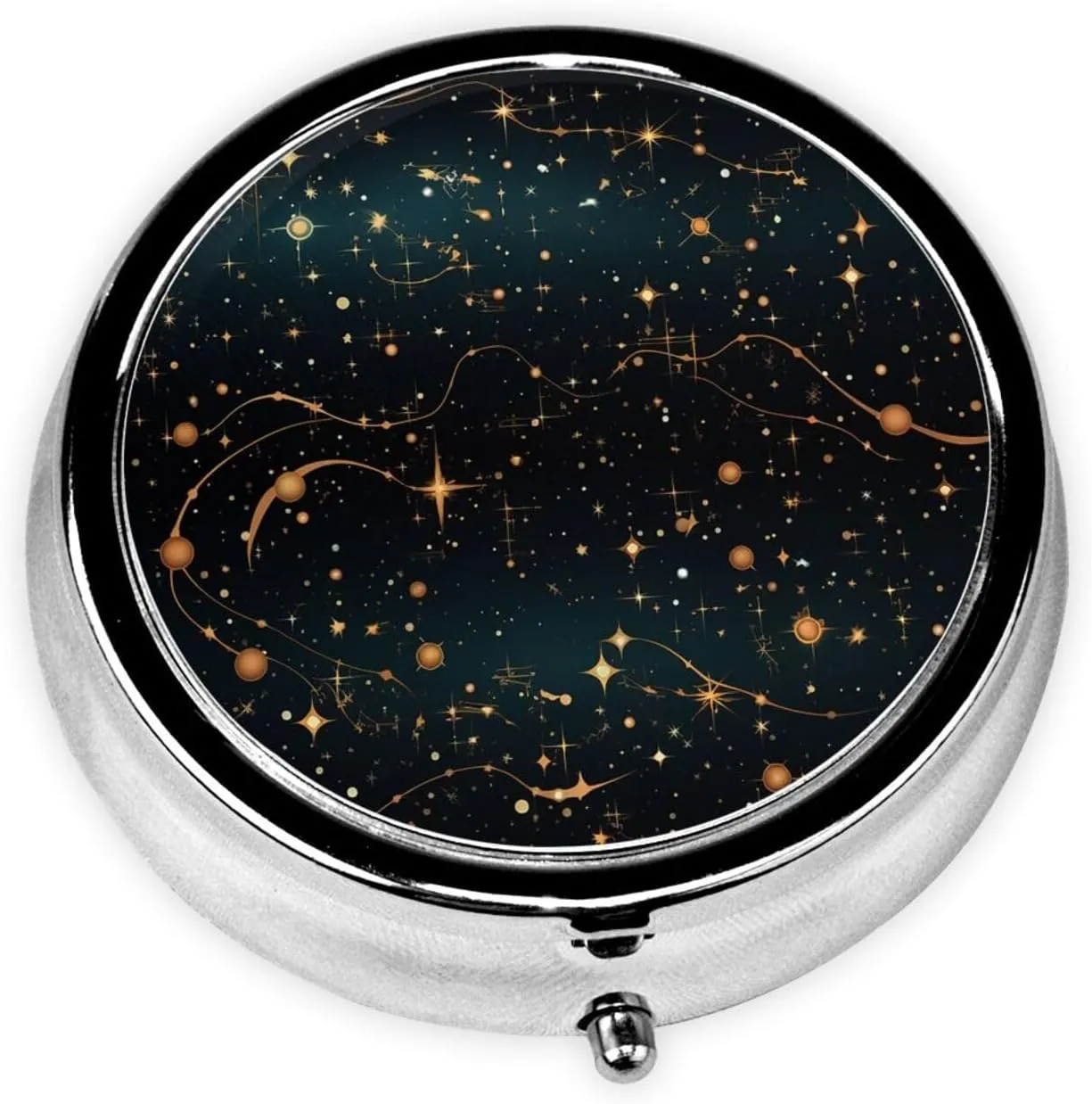 Stars and Constellations Pattern Pill Box Round Pill Case for Pocket Purse 3 Compartment Medicine Pill Organizer Cute Portable Travel Pillbox Vitamin Cod Liver Oil Storage Box Unique Gift Organizer