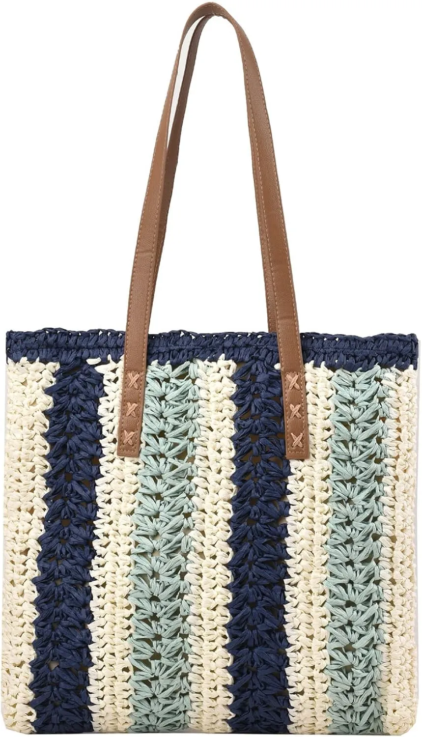 Straw Purse Striped Straw Beach Tote With Leather Handles, Navy And Cream Braided Summer Tote Shoulder Bag