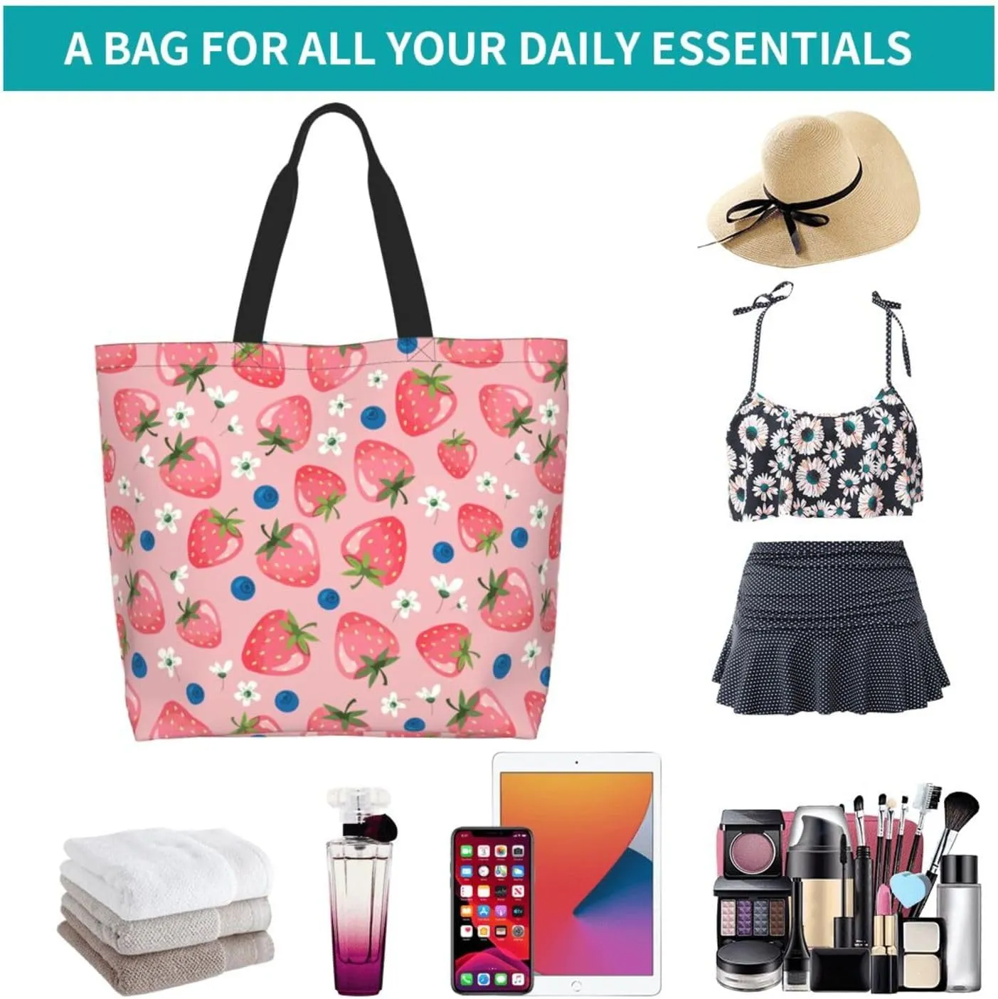 Strawberry Cute Tote Bag Beach Bag Large Capacity Grocery Bag Reusable Shopping bags for Women