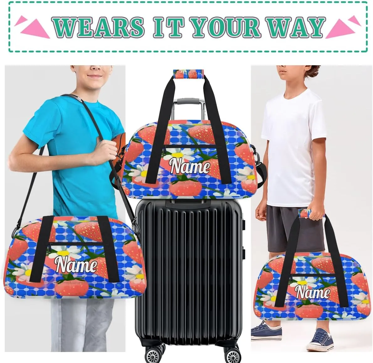 Strawberry Pattern Print Personalized Dance Bag for Girls Boys Sport Duffel Bag with Your Name Kids Gymnastics Travel Bags