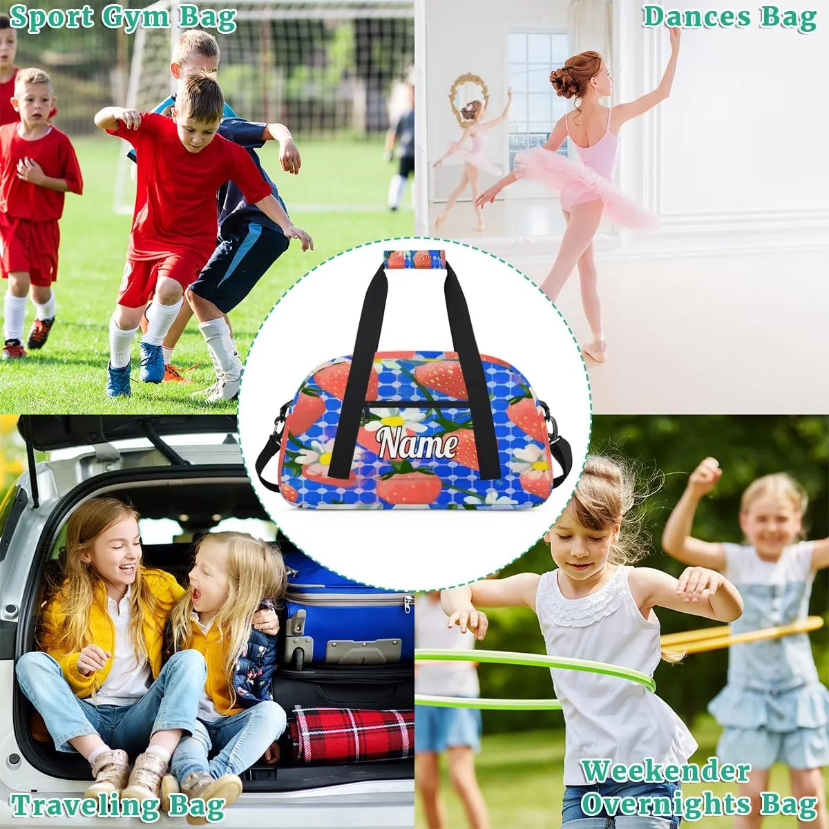Strawberry Pattern Print Personalized Dance Bag for Girls Boys Sport Duffel Bag with Your Name Kids Gymnastics Travel Bags