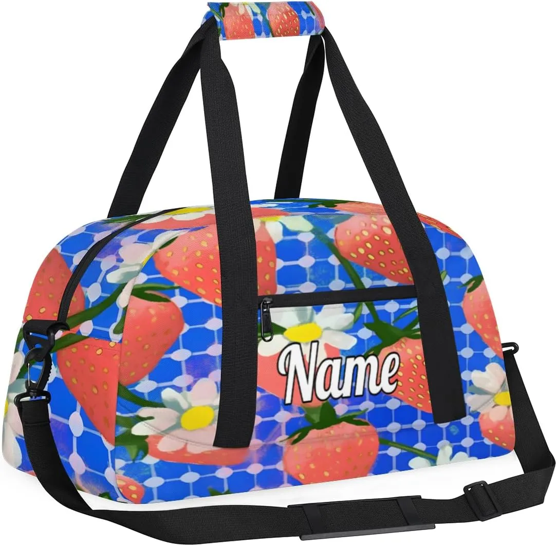 Strawberry Pattern Print Personalized Dance Bag for Girls Boys Sport Duffel Bag with Your Name Kids Gymnastics Travel Bags
