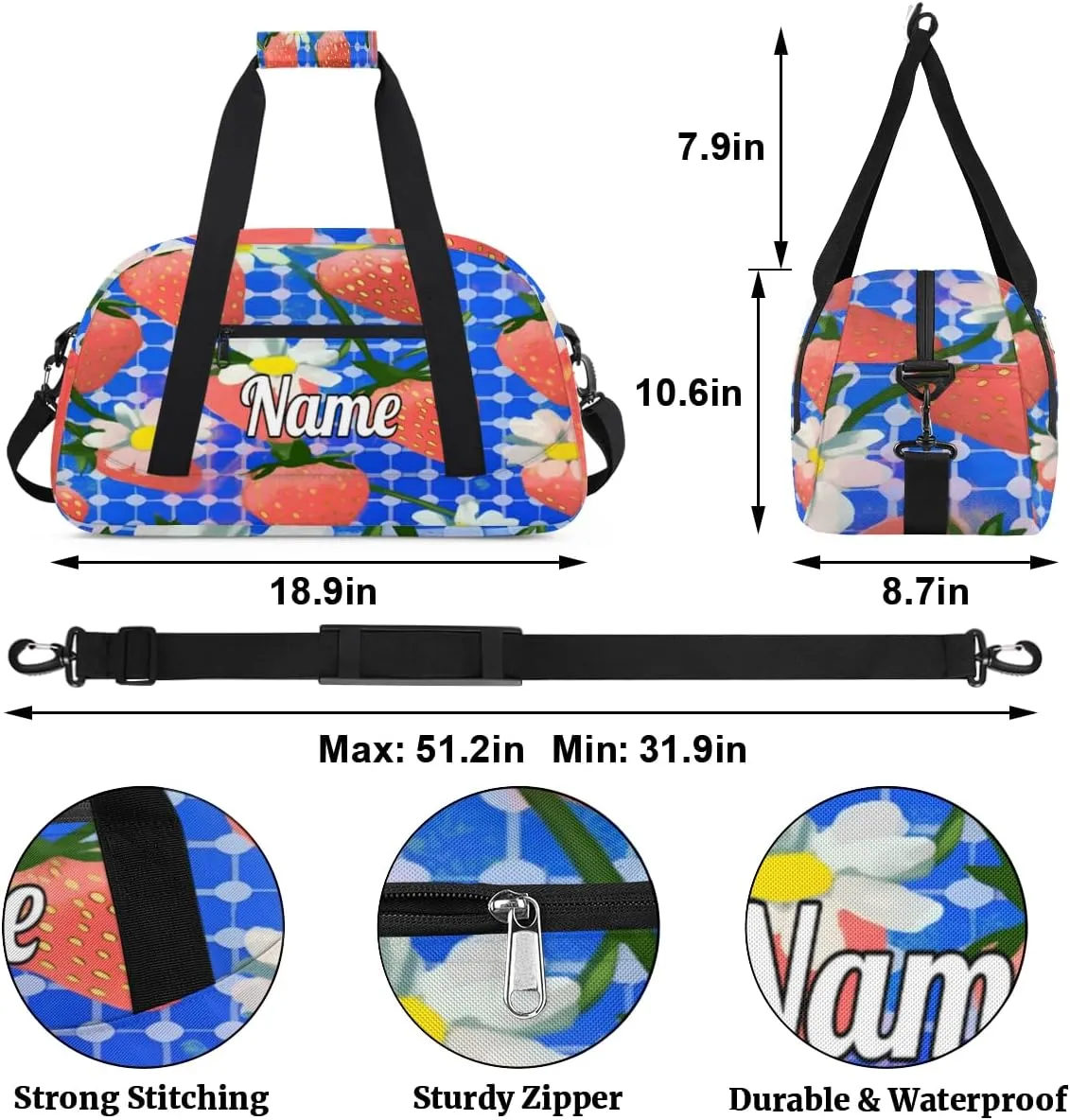 Strawberry Pattern Print Personalized Dance Bag for Girls Boys Sport Duffel Bag with Your Name Kids Gymnastics Travel Bags