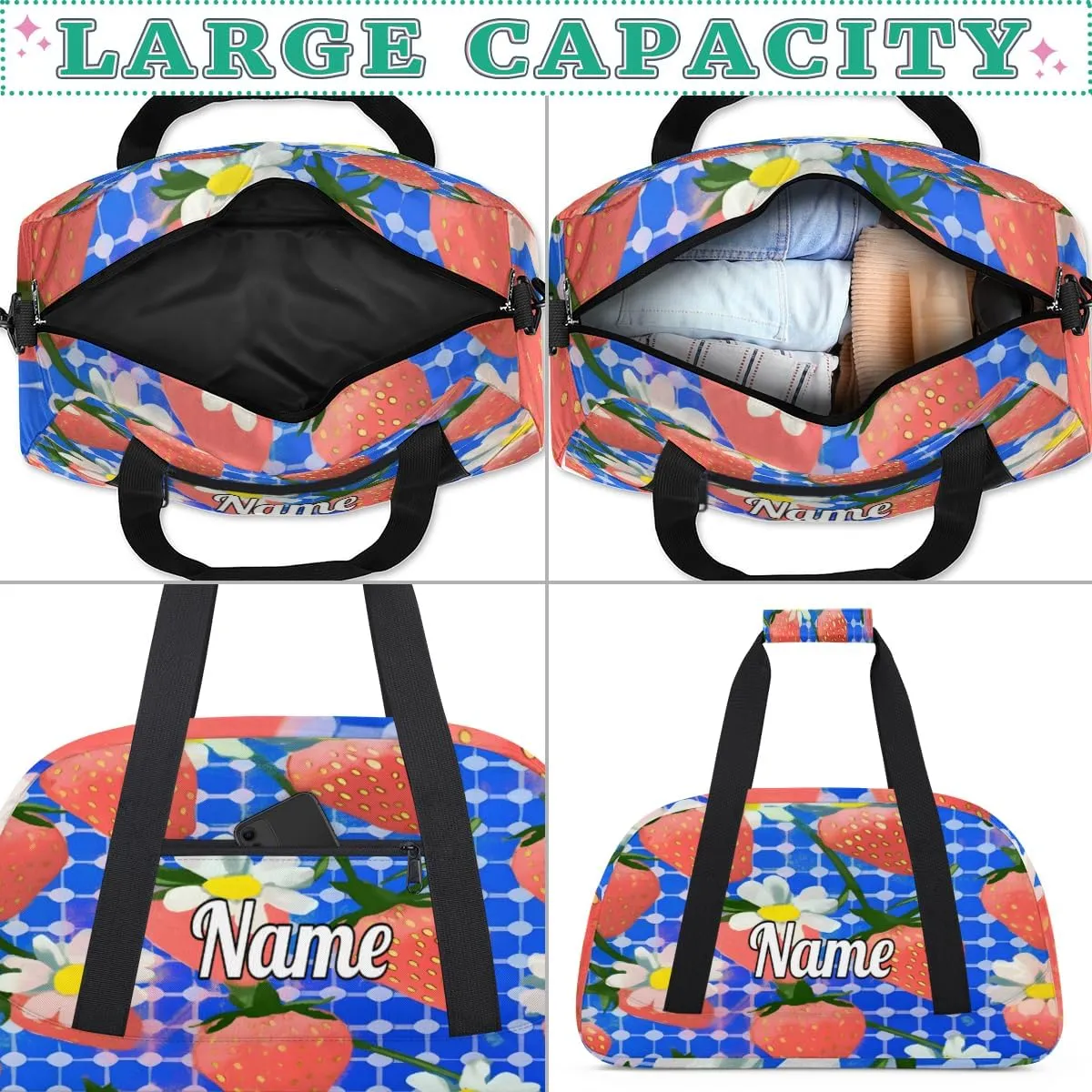 Strawberry Pattern Print Personalized Dance Bag for Girls Boys Sport Duffel Bag with Your Name Kids Gymnastics Travel Bags