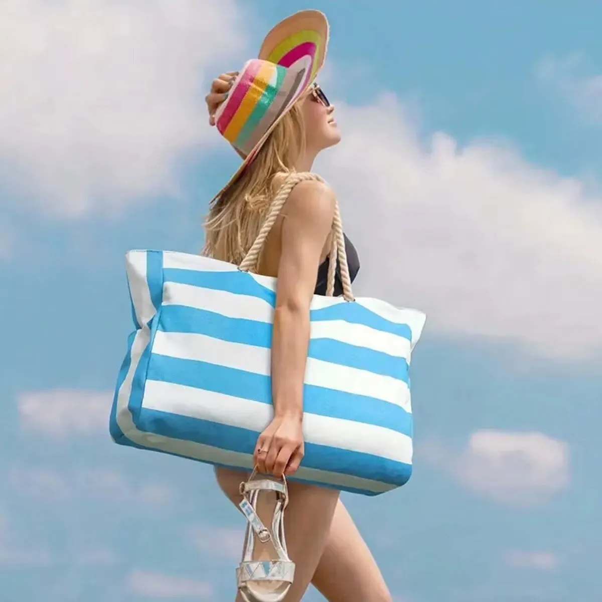 Striped Canvas Summer Beach Bag, Large Capacity Shopping Bag,